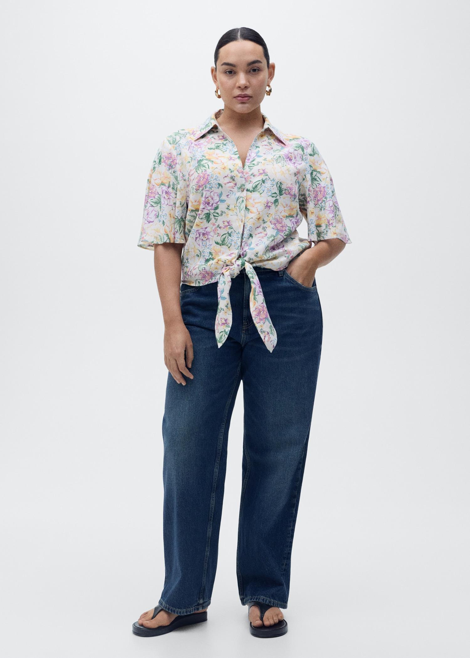 Floral linen shirt with knot detail - Women | MANGO USA Product Image