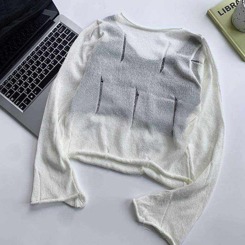 Long-Sleeve Scoop Neck Mock Two-Piece Two Tone Bow Accent Distressed Crop Top Product Image