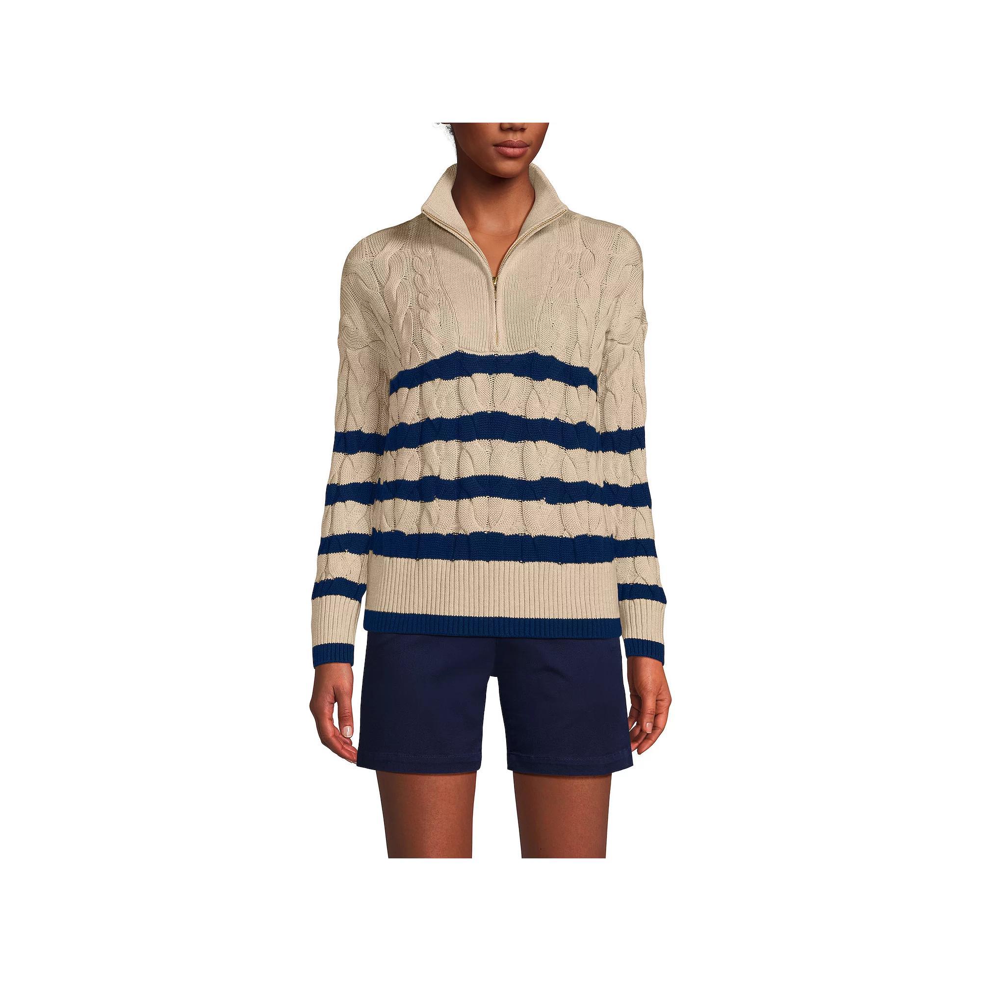 Women's Lands' End Drifter Cable Quarter Zip Sweater, Size: XL, Fresh Ivory Stripe Product Image