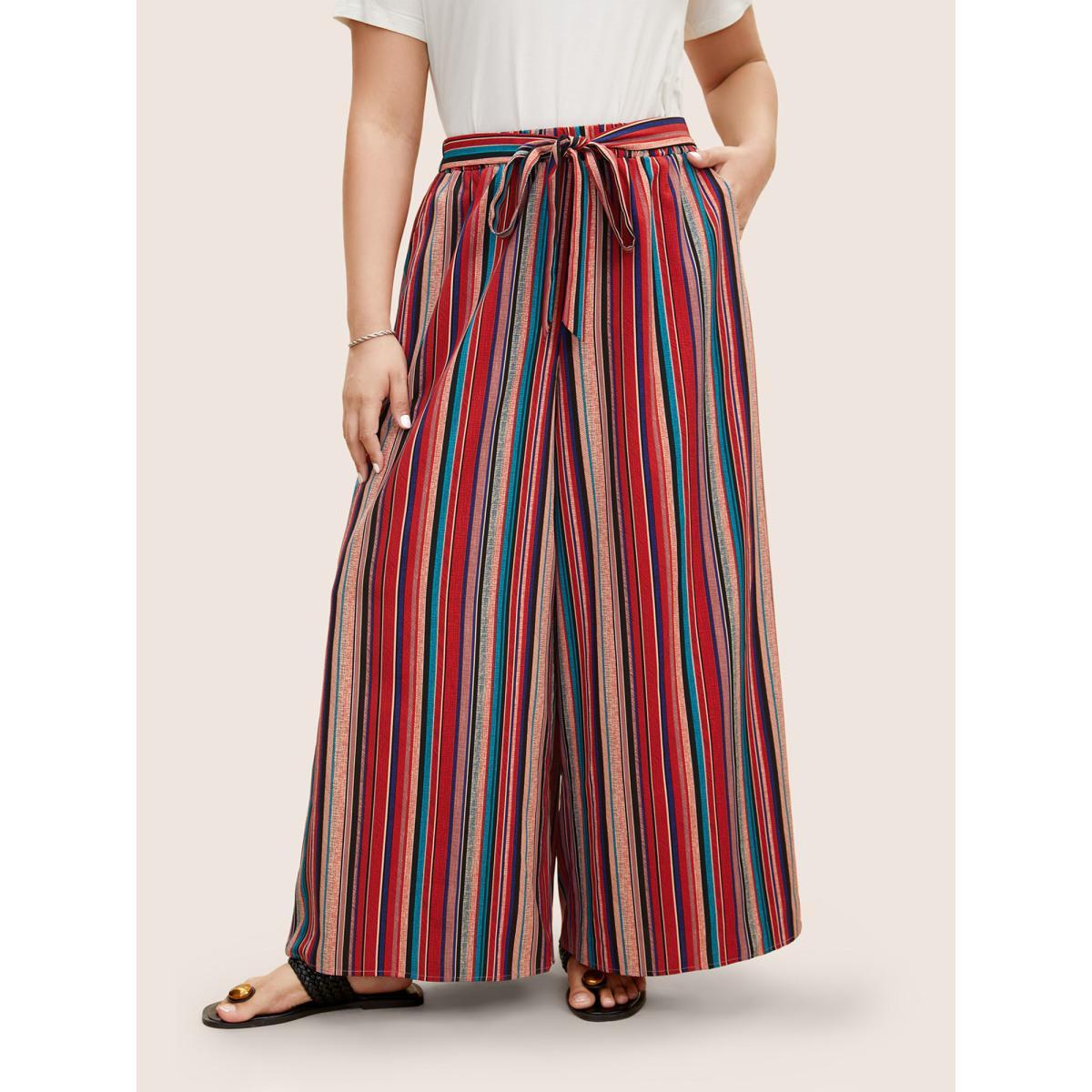Plus Size Contrast Striped Tie Knot Wide Leg Pants Women Multicolor Casual Wide Leg Mid Rise Everyday Pants BloomChic 18-20/2X Product Image
