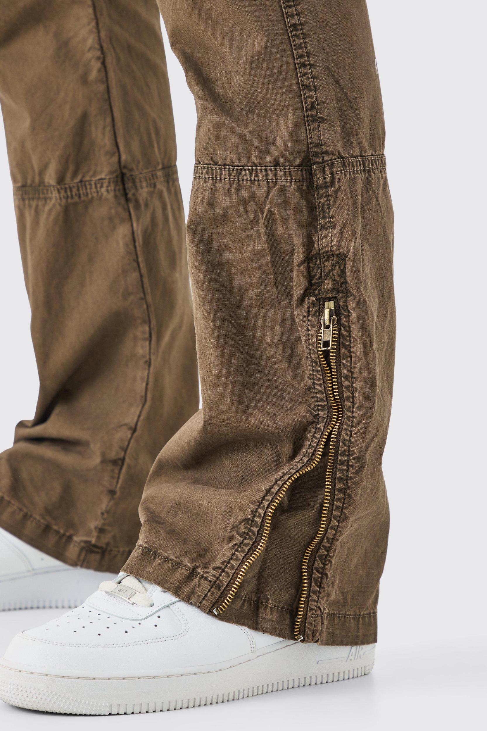 Slim Flare Zip Gusset Overdye Acid Wash Cargo Pants | boohooMAN USA Product Image