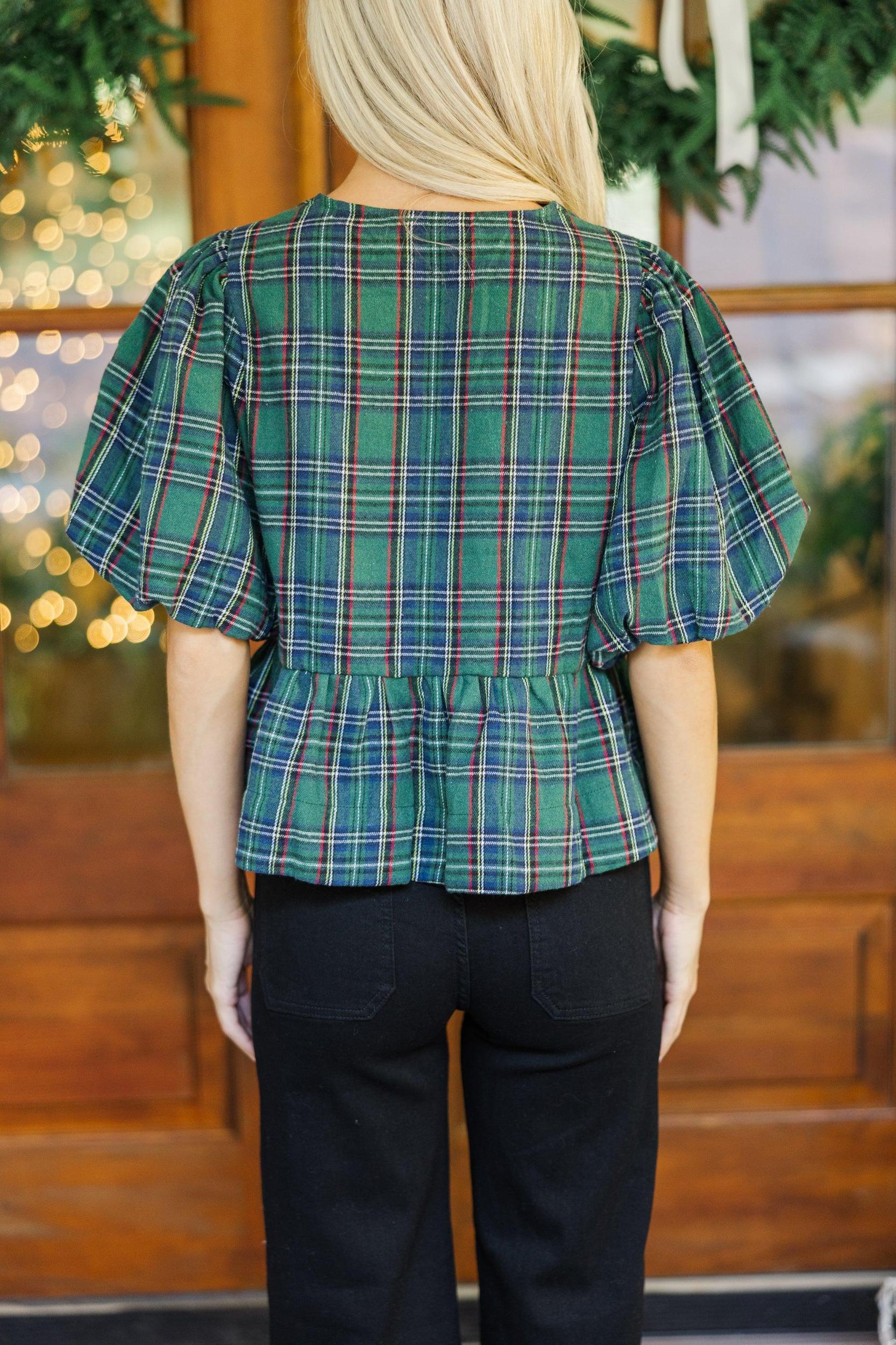 Believe In Joy Emerald Green Plaid Blouse Female Product Image
