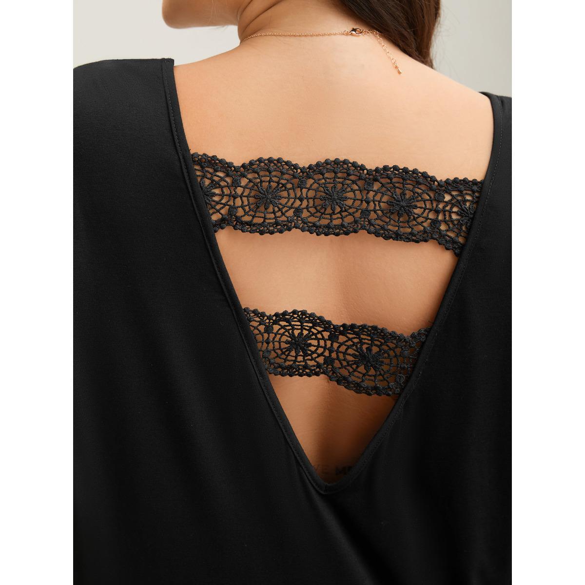 Plus Size Back Lace Cut-Out V-Neck T-Shirt Black Women Elegant Patchwork V-neck Everyday T-shirts BloomChic 14-16/1X Product Image