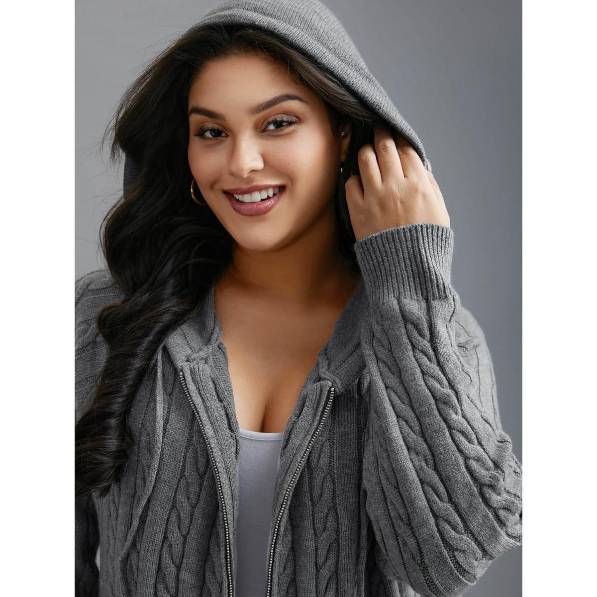 Plus Size Cable Knit Hooded Zipper Cardigan DimGray Women Casual Loose Long Sleeve Everyday Cardigans BloomChic 28/5X Product Image