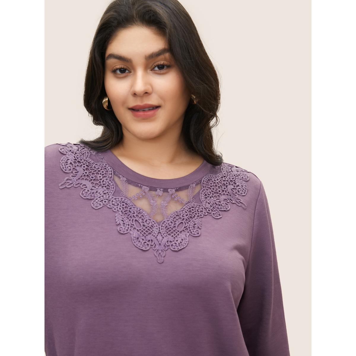Plus Size Round Neck Lace Patchwork Sweatshirt Women Mauve Casual See through Round Neck Everyday Sweatshirts BloomChic 14-16/1X Product Image