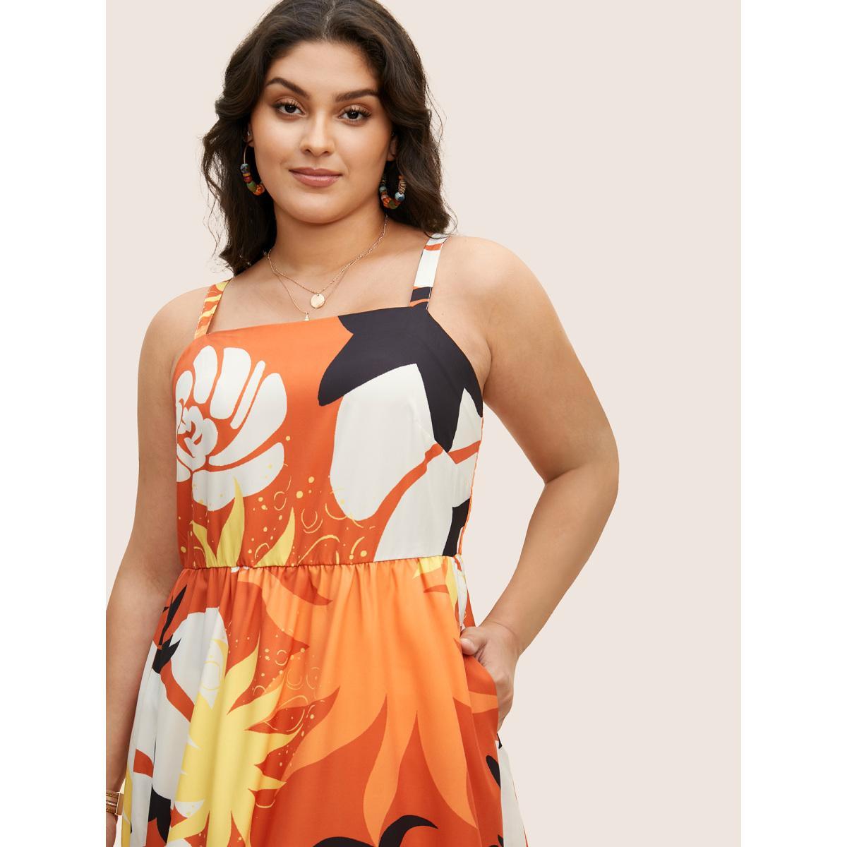 Plus Size Tropical Print Square Neck Maxi Dress Brightorange Women Resort Non Square Neck Sleeveless Curvy BloomChic 10/M Product Image