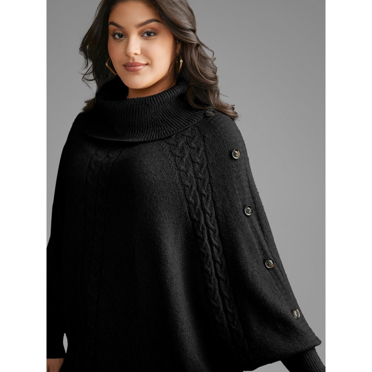 Plus Size Turtleneck Cable Knit Asymmetrical Hem Pullover Black Women Casual Loose Long Sleeve Ruffled collar Everyday Pullovers BloomChic 10/M Product Image