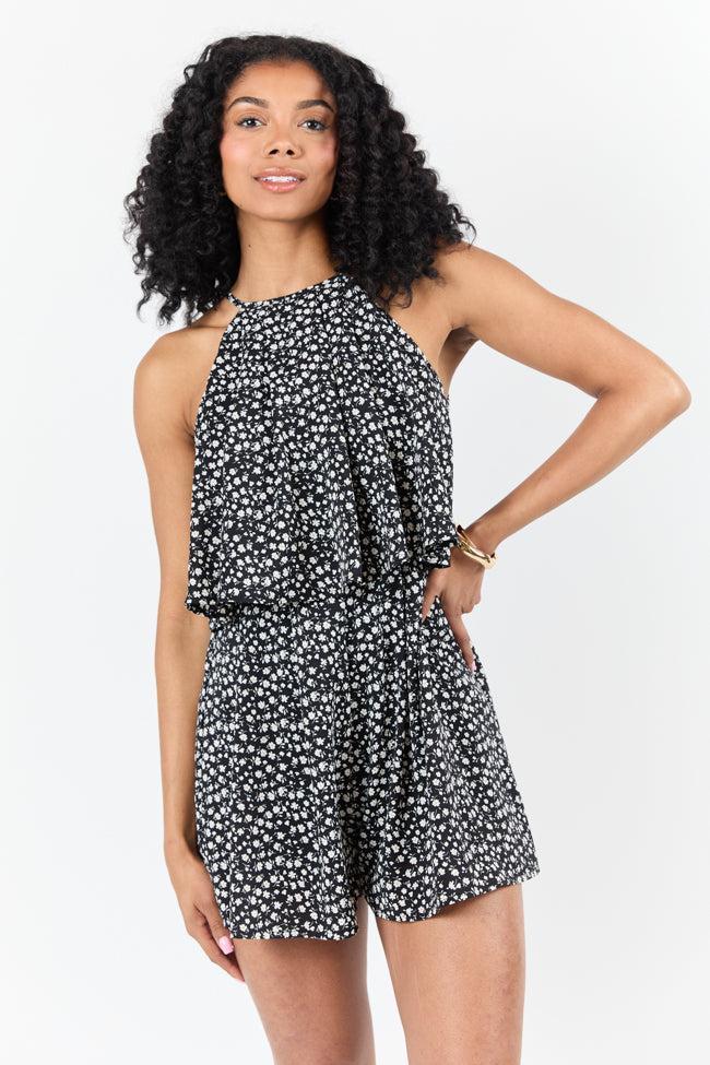 Spotlight Moment Black and White Daisy Print Halter Neck Romper SALE Product Image