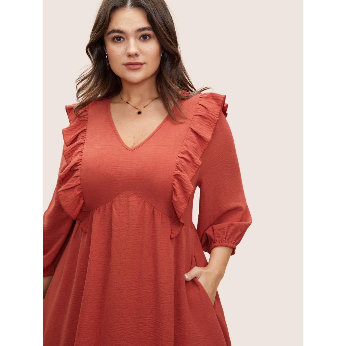Plus Size Patchwork Ruffles Pocket Elastic Waist Crepe Dress OrangeRed Women Elegant Non V-neck Elbow-length sleeve Curvy Midi Dress BloomChic 26/4X Product Image