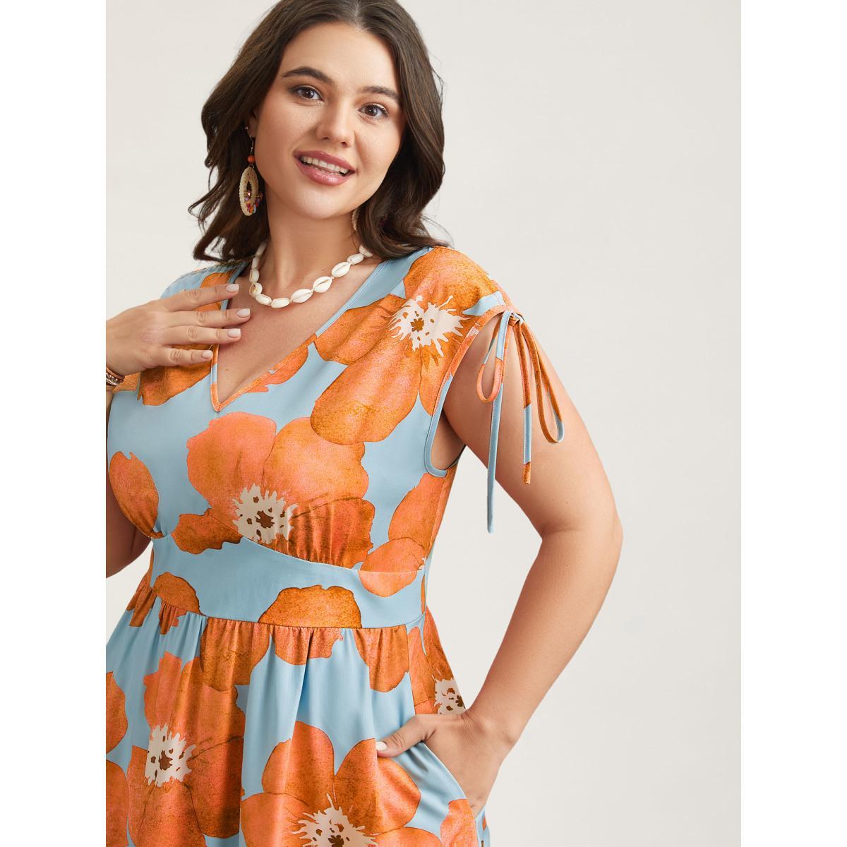 Plus Size Floral Print V-Neck Tied Midi Dress LightBlue Women Elegant Gathered V-neck Sleeveless Curvy BloomChic 14-16/1X Product Image