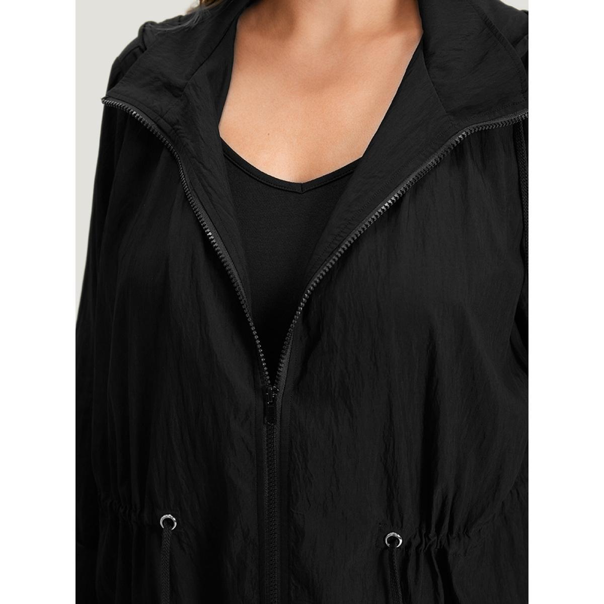 Plus Size Plain Hooded Zipper Drawstring Tab Sleeve Coat Women Black Plain Pocket Everyday Jackets BloomChic 26/4X Product Image