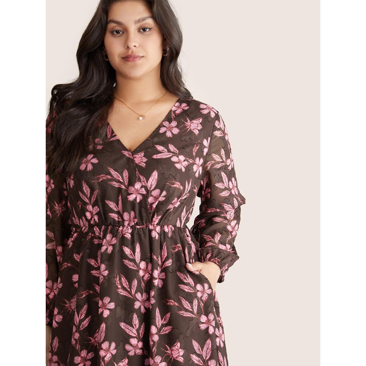 Plus Size Floral Mesh Patchwork Lantern Sleeve Wrap Dress DarkBrown Women Elegant Elastic cuffs Overlap Collar Long Sleeve Curvy Midi Dress BloomChic 14-16/1X Product Image
