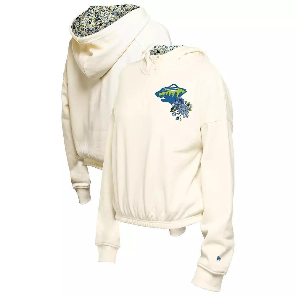 Women's New Era Cream Minnesota Wild Glam Game Quarter-Zip Cropped Floral Hoodie Pullover, Size: Medium, Beige Product Image