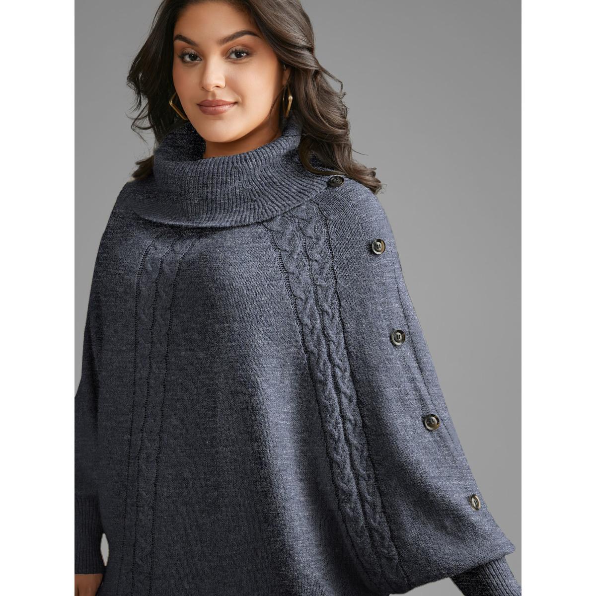 Plus Size Turtleneck Cable Knit Asymmetrical Hem Pullover Stone Women Casual Loose Long Sleeve Ruffled collar Everyday Pullovers BloomChic 14-16/1X Product Image