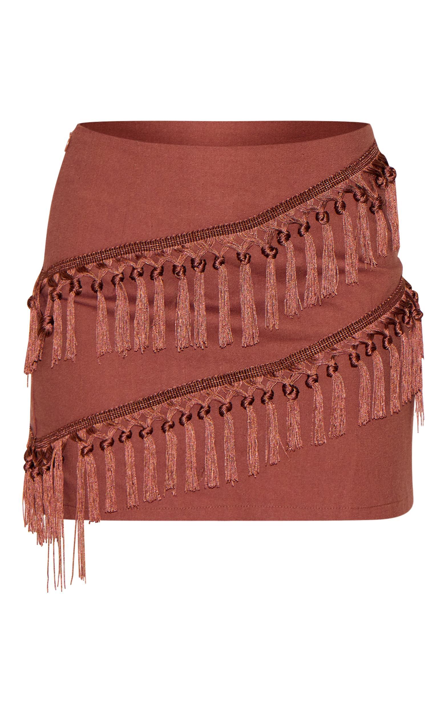 Chocolate Linen Tassle Detail Mini Skirt Product Image
