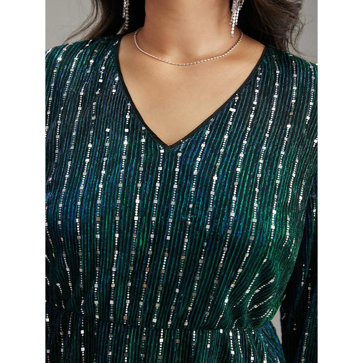Plus Size Sequin Mesh V Neck Elastic Waist Dress DarkSlateGray Women Cocktail Sequin V-neck Long Sleeve Curvy Midi Dress BloomChic 14-16/1X Product Image
