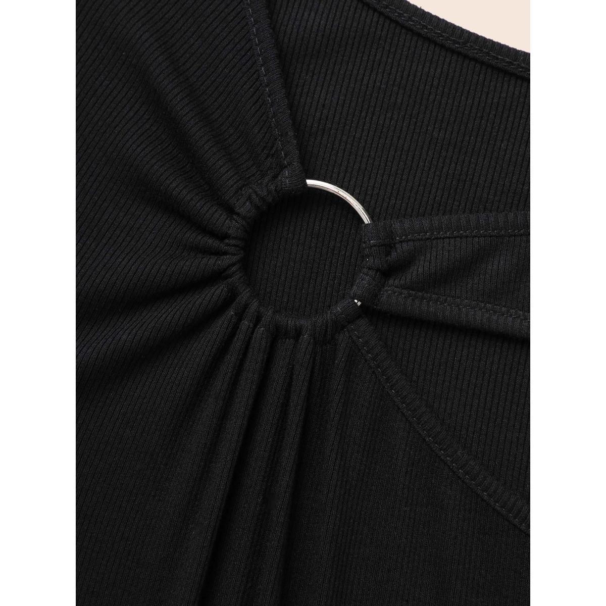 Plus Size Rib Knit Asymmetrical Neck Cut Out T-shirt Black Women Elegant Texture Asymmetrical Neck Skinny Everyday T-shirts BloomChic 28/5X Product Image