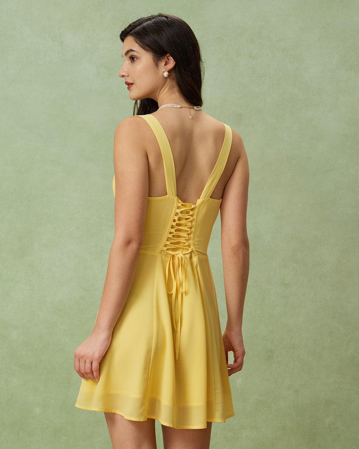 Yellow Square Neck Ruched Mini Dress Product Image