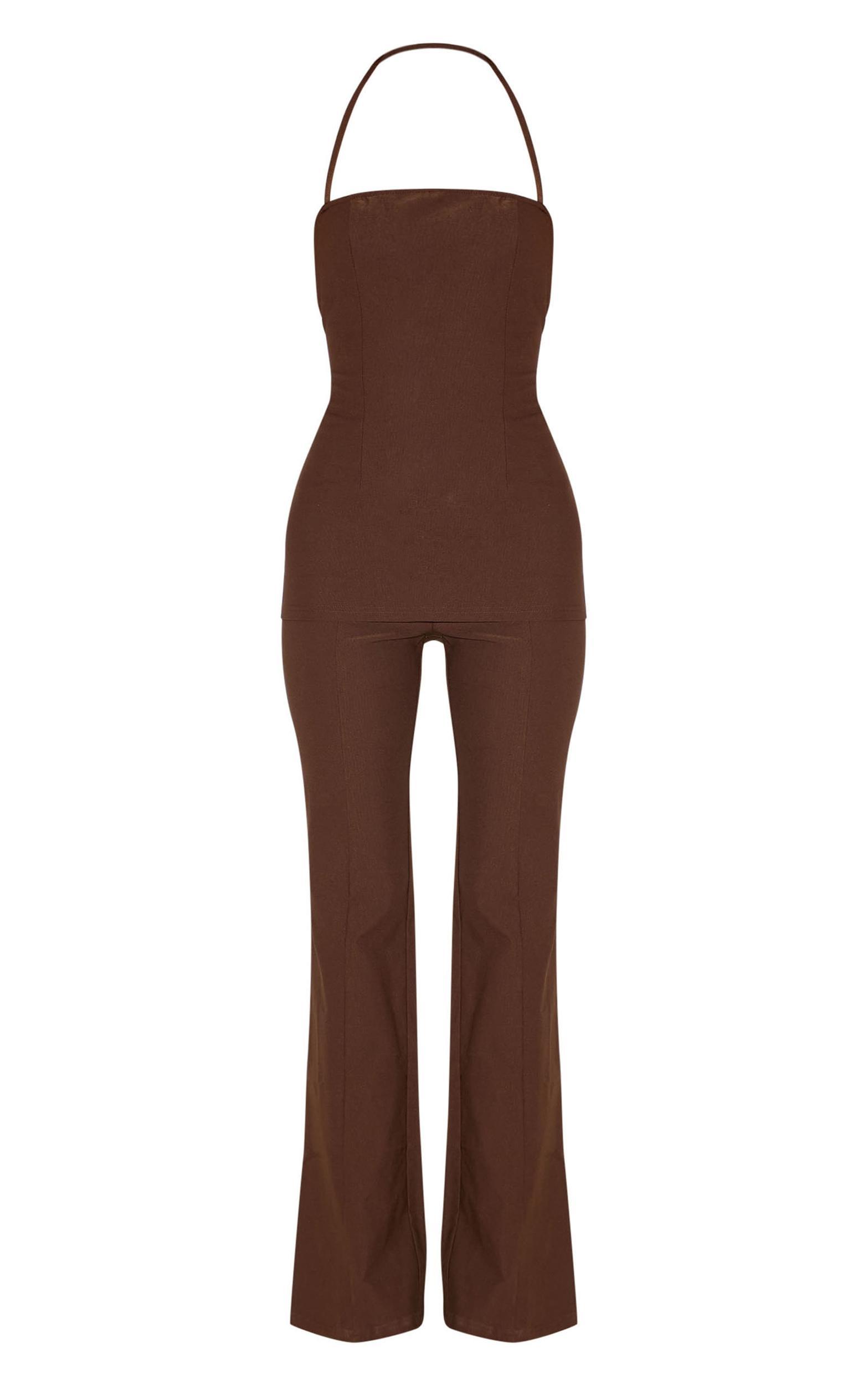 Chocolate Woven Thin Halter Overlay Detail Jumpsuit Product Image