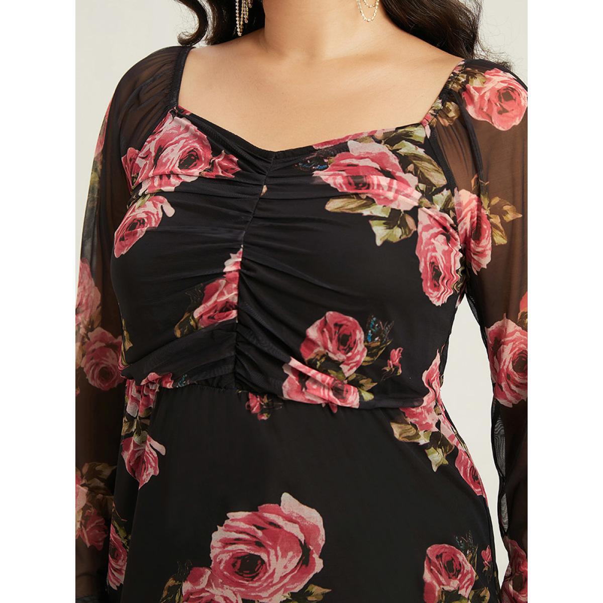 Plus Size Floral Mesh Patchwork Ruched Square Neck Split Hem Dress BlackFlower Women Cocktail Gathered Square Neck Long Sleeve Curvy Midi Dress BloomChic 26/4X Product Image