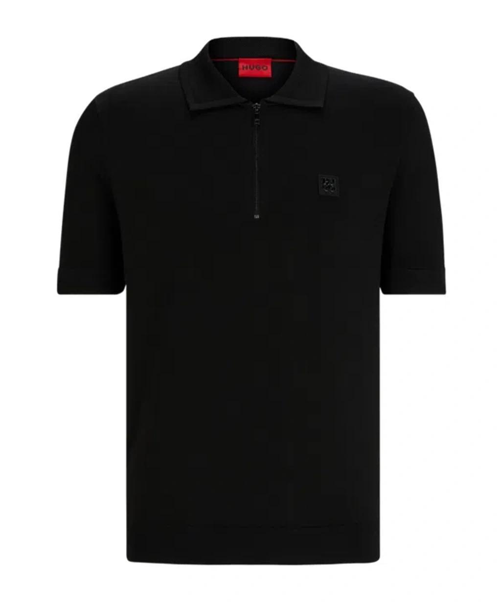 HUGO BOSS Zip-neck Polo Shirt With Stacked Logo In Black Product Image