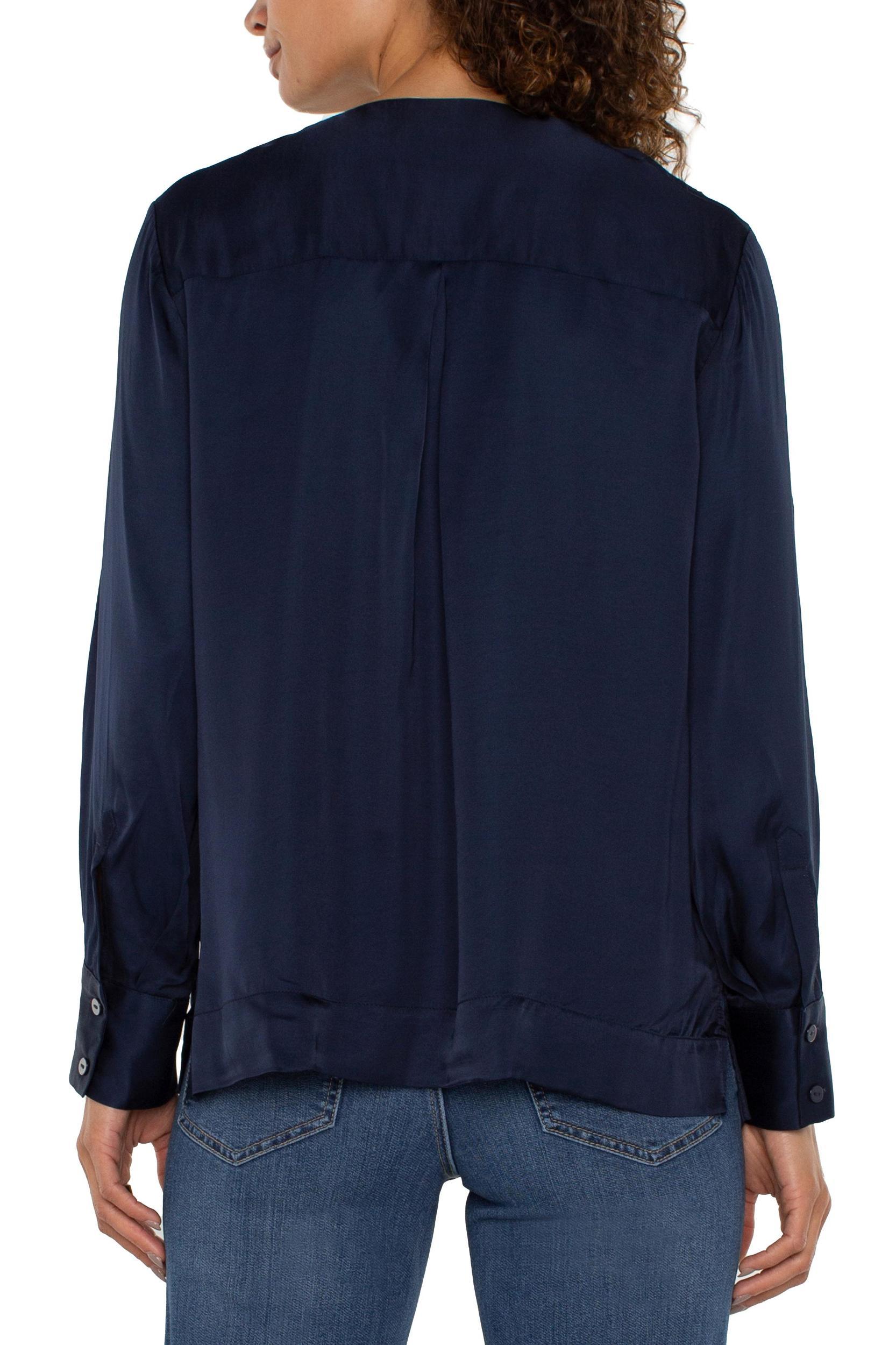 Zip Front Collarless Woven Blouse Product Image