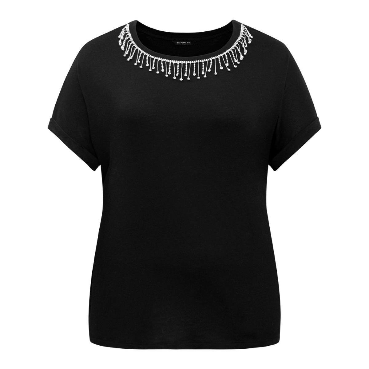 Plus Size Metal Tassel Detail Crew Neck T-shirt Black Women Elegant Tassels Plain Round Neck Dailywear T-shirts BloomChic 14-16/1X Product Image