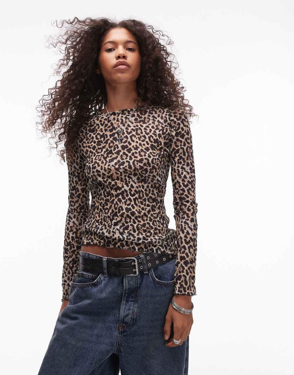 Topshop crinkle leopard print long sleeve top in brown Product Image