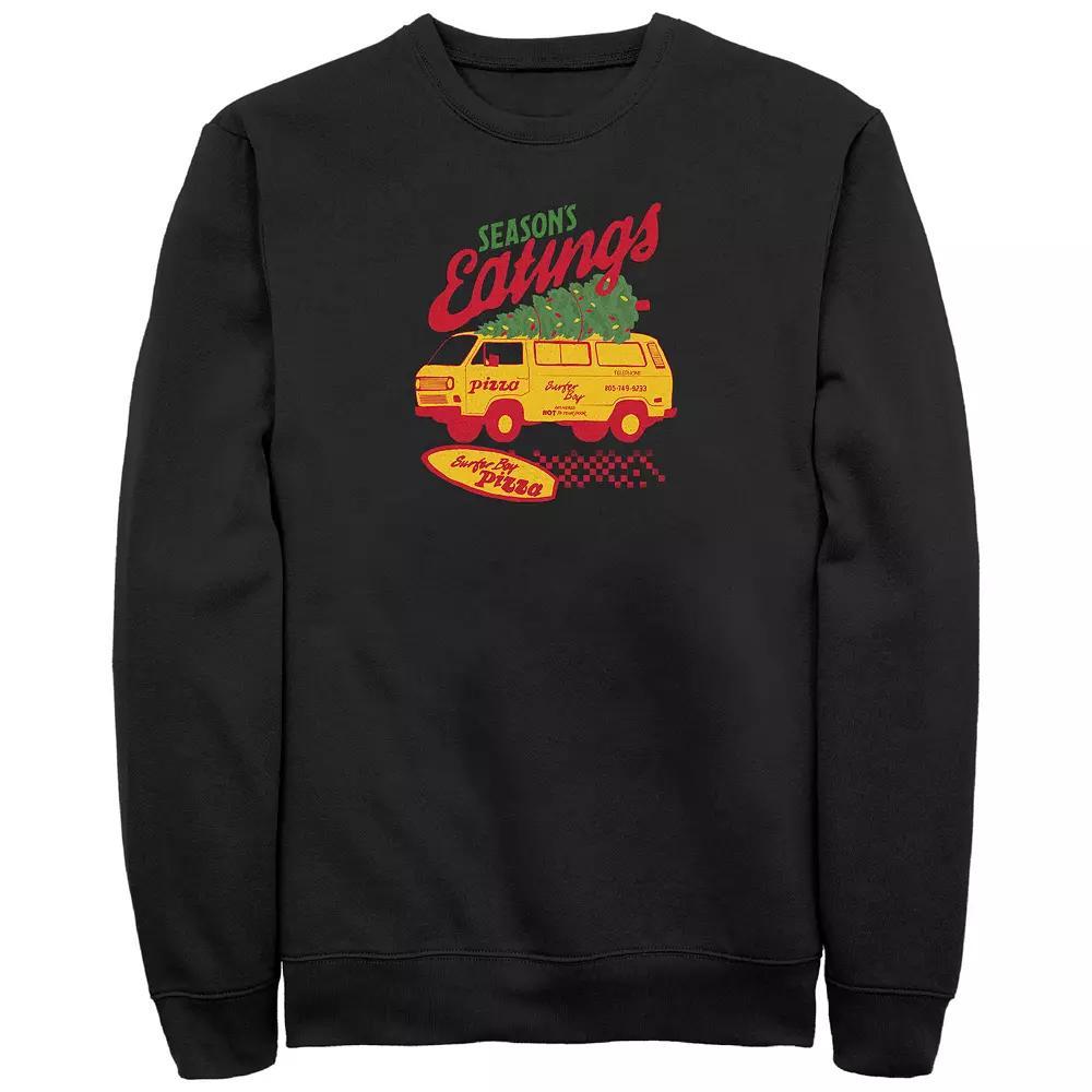 Men's Stranger Things Surfer Boy Pizza Season's Greetings Graphic Fleece, Size: XXL Tall, Black Product Image