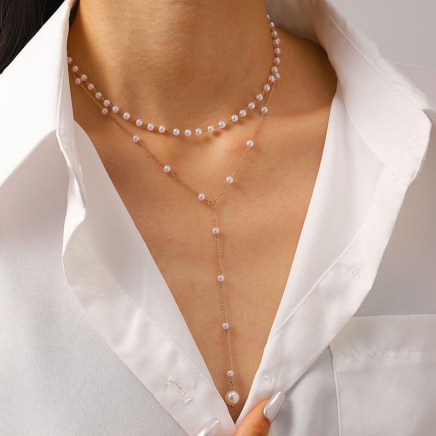 Faux Pearl Layered Alloy Lariat Necklace Product Image