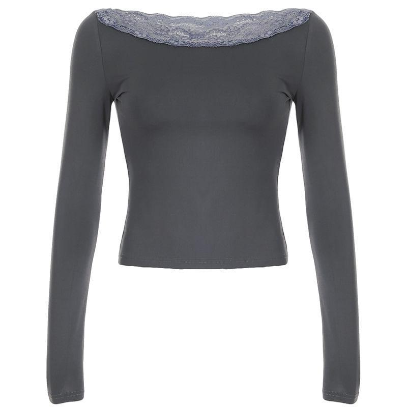 Long Sleeve Off-Shoulder Lace Panel Plain Slim-Fit Crop Top Product Image