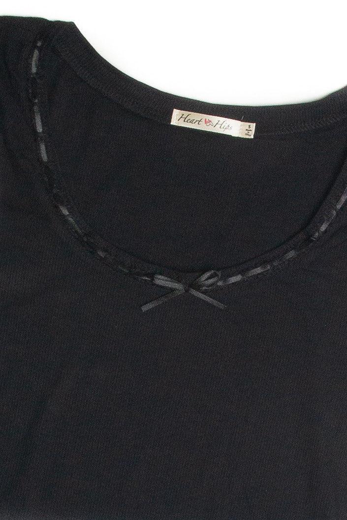 Black Satin Bow Ribbed Shirt Product Image