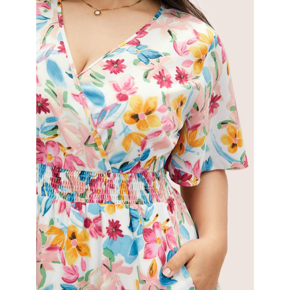 Plus Size Floral Overlap Collar Shirred Ruffle Sleeve Dress White Women Elegant Overlapping Overlap Collar Short sleeve Curvy BloomChic 18-20/2X Product Image