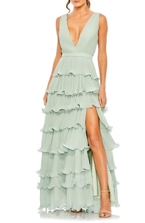 Mac Duggal Deep V-Neck Sleeveless Ruffle Tiered Thigh High Slit Gown Product Image
