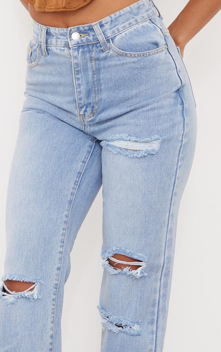 PRETTYLITTLETHING Light Blue Wash Ripped Long Leg Straight Jeans Product Image