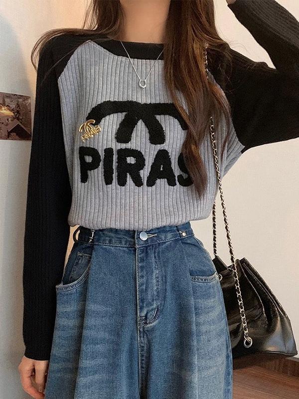 Raglan Ribbed Print Long Sleeve Knit Product Image