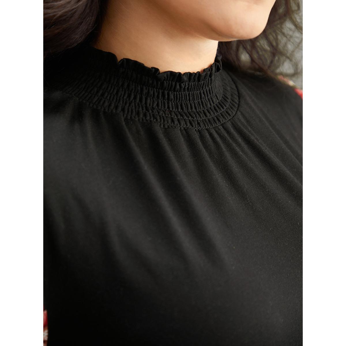 Plus Size Chiffon Floral Patchwork Shirred Mock Neck T-shirt Black Women Casual Elastic cuffs Floral Mock Neck Dailywear T-shirts BloomChic 30/6X Product Image