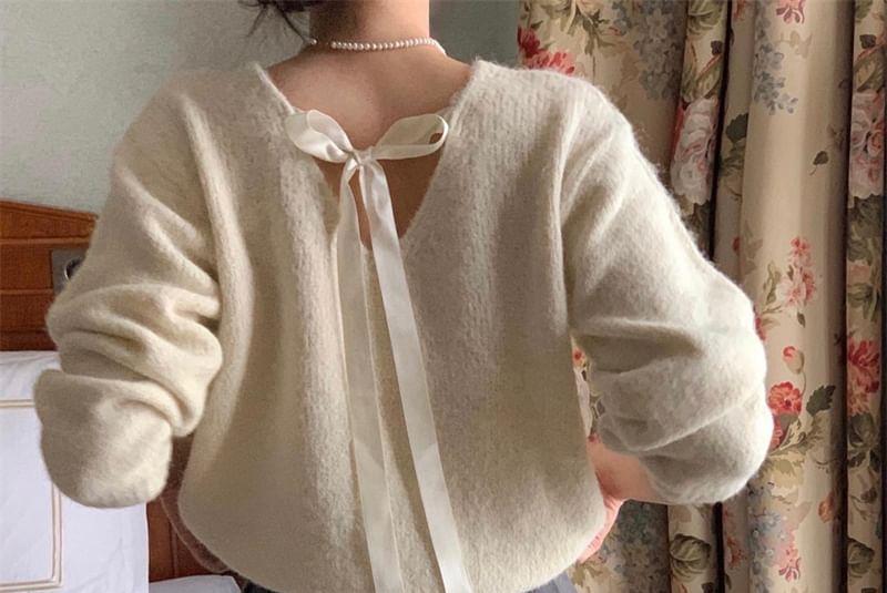 V-Neck Plain Bow Sweater Product Image