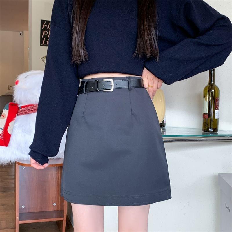 Set: High Waist Plain Mini A-Line Skirt + Belt Product Image