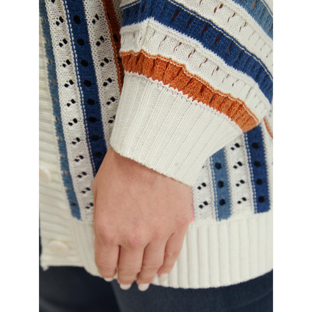 Plus Size Rainbow Striped Button Through Eyelet Cardigan Multicolor Women Casual Loose Long Sleeve Dailywear Cardigans BloomChic 14-16/1X Product Image