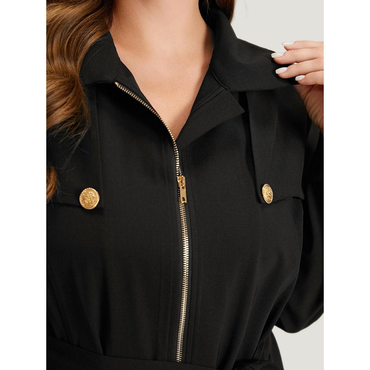 Plus Size Solid Belted Button Detail Zipper Pocket Coat Women Black Plain Pocket Belt Dailywear Jackets BloomChic 22-24/3X Product Image