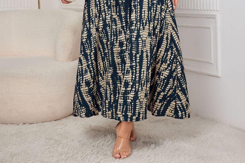 Long Sleeve Collared Patterned Print Maxi A-Line Shirt Dress Product Image