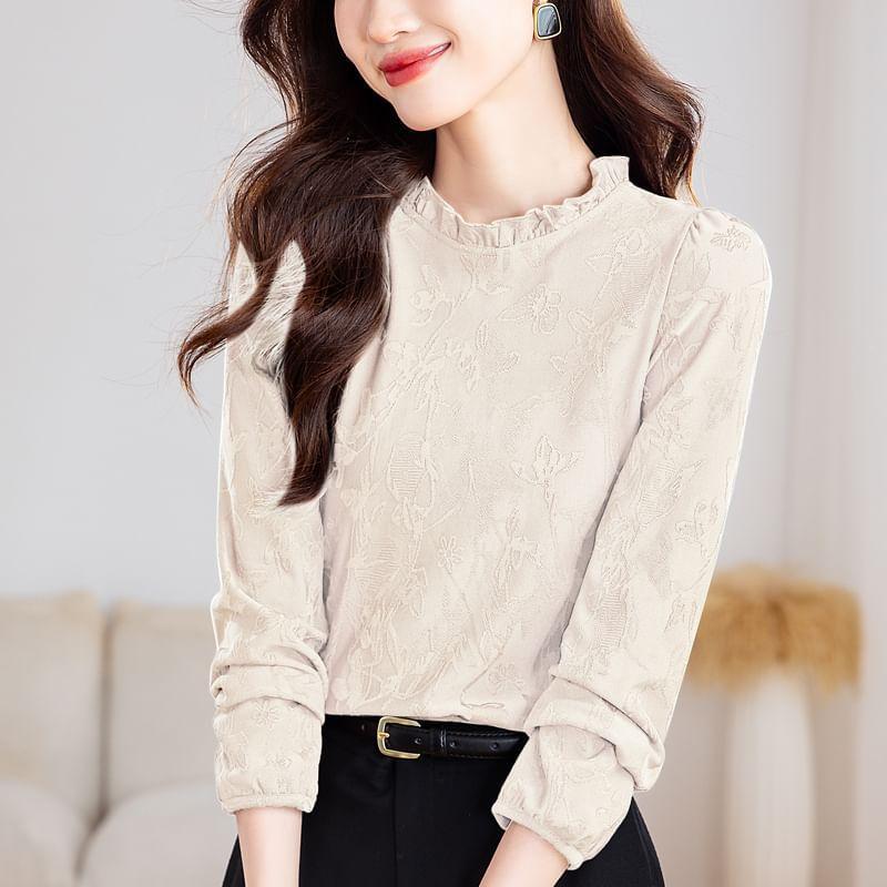 Long Sleeve Round Neck Ruffle Trim Floral Top Product Image