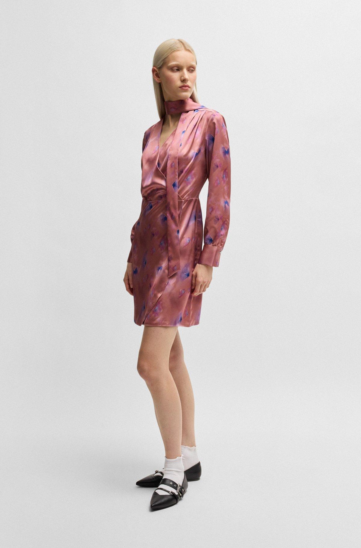Wrap-front dress with butterfly print and button cuffs Product Image