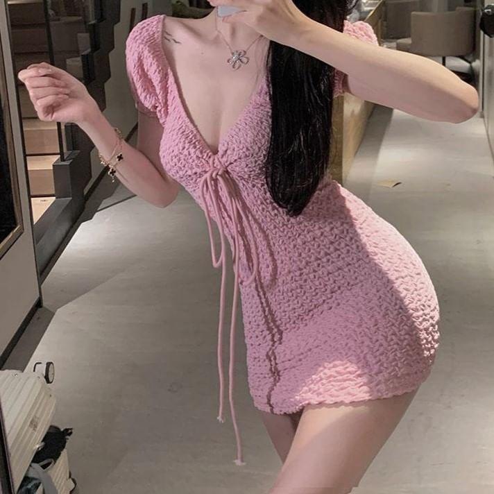 Short Sleeve V-Neck Plain Tie Front Mini Sheath Dress Product Image