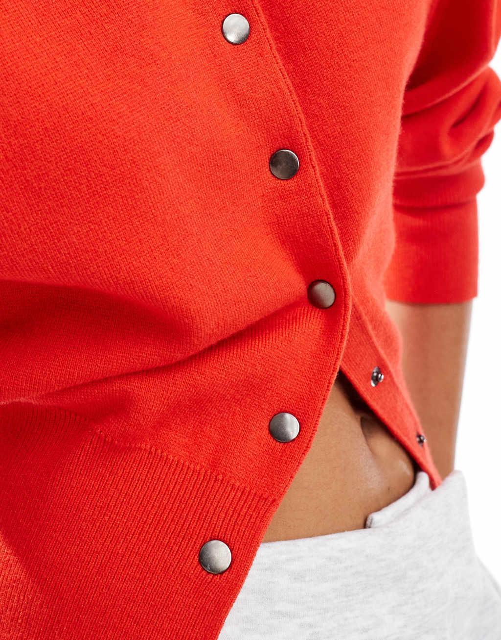 ASOS DESIGN crew neck cardigan with rib hem detail in red Product Image