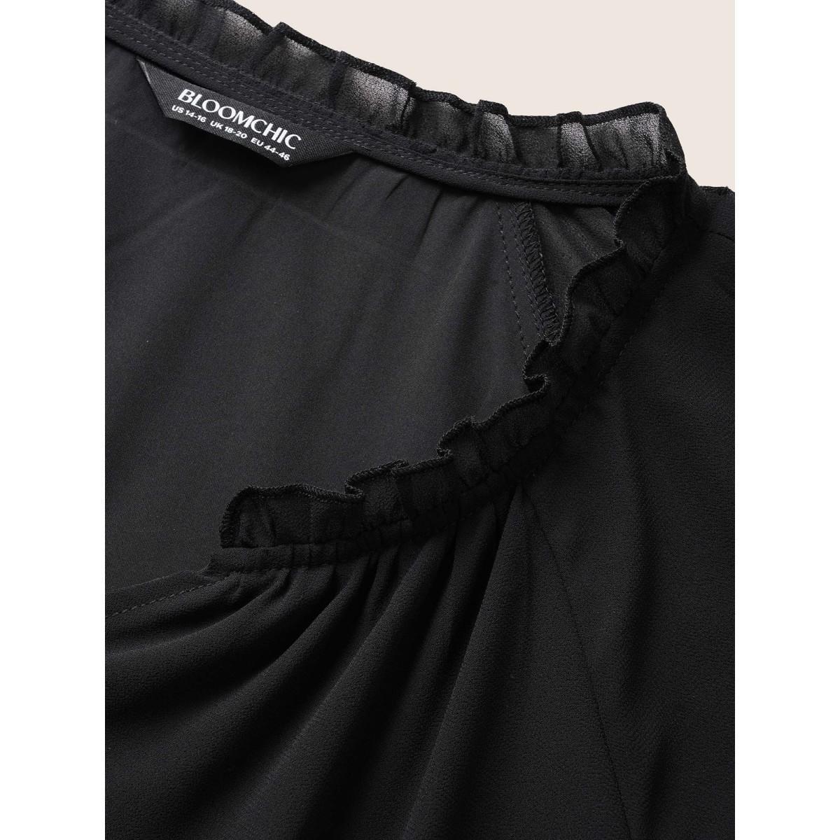 Plus Size Black V Neck Meah Patchwork Ruffle Trim Blouse Women Elegant Short sleeve V-neck Everyday Blouses BloomChic 14-16/1X Product Image