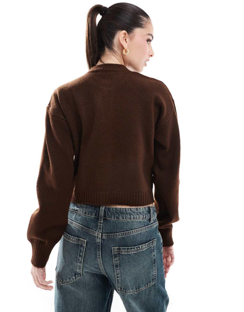 Miss Selfridge seam detail crew neck boxy cardigan in chocolate Product Image