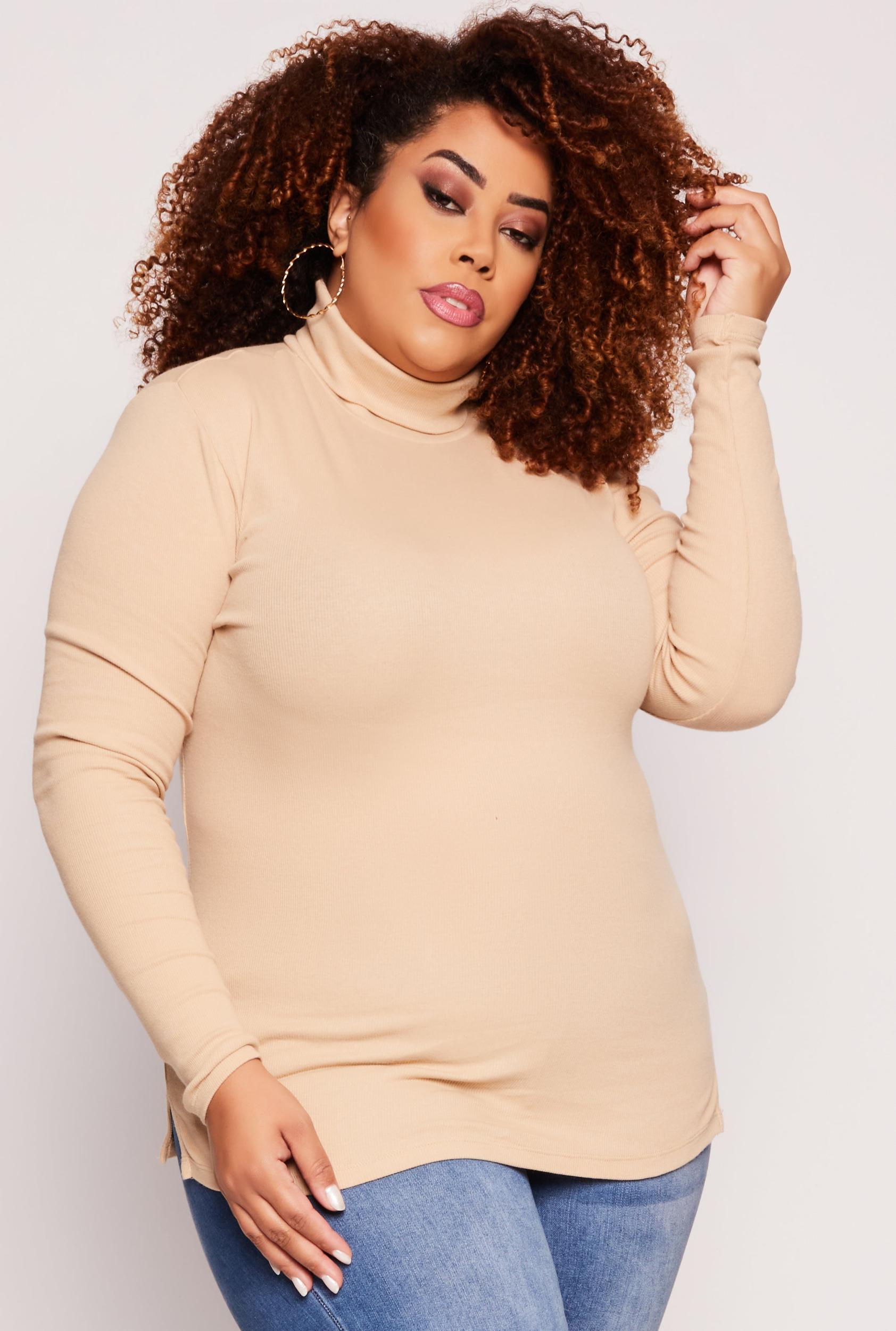 Womens Plus Size Ribbed Knit Long Sleeve Turtleneck Top Product Image