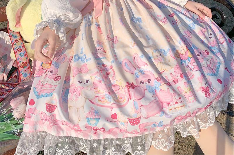 Rabbit Print Lace Ruffle Midi Lolita Pinafore Dress / Petticoat Product Image